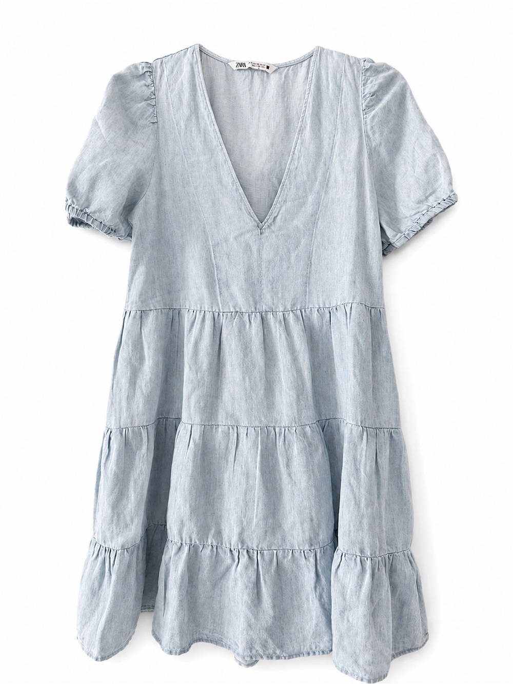 Zara Light Blue Tiered Puff Sleeve Mini Dress XS - Picture 1 of 4